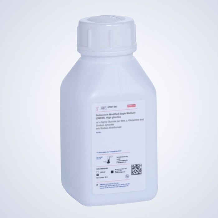 Dulbecco’s Modified Eagle Medium (DMEM), High glucose w/ 4.5gms Glucose per litre and Sodium pyruvate w/o L-Glutamine, Sodium bicarbonate and Phenol red