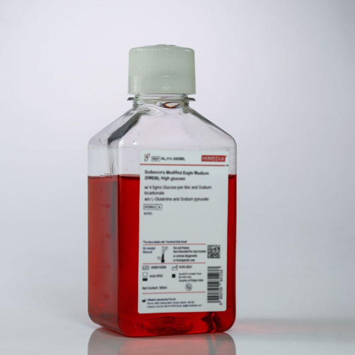 Dulbecco’s Modified Eagle Medium, High Glucose w/ 4.5gms Glucose per litre and L-Glutamine w/o Sodium pyruvate and Sodium bicarbonate