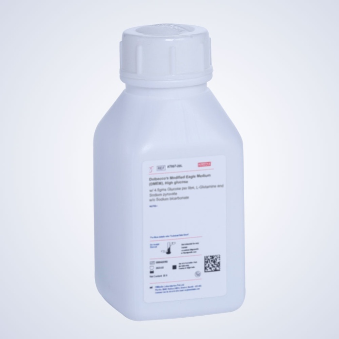 Dulbecco’s Modified Eagle Medium (DMEM), High glucose w/ 4.5gms Glucose per litre w/o L-Glutamine, Calcium chloride, HEPES buffer, Sodium pyruvate and Sodium bicarbonate