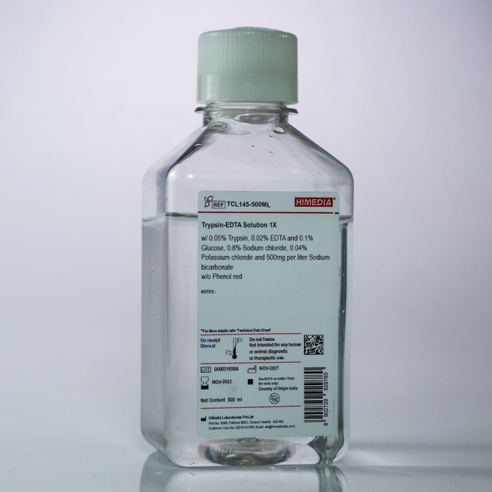 Trypsin-EDTA Solution 1X w/ 0.05% Trypsin, 0.02% EDTA and 0.1% Glucose, 0.8% Sodium chloride, 0.04% Potassium chloride and 500mg per liter Sodium bicarbonate w/o Phenol red