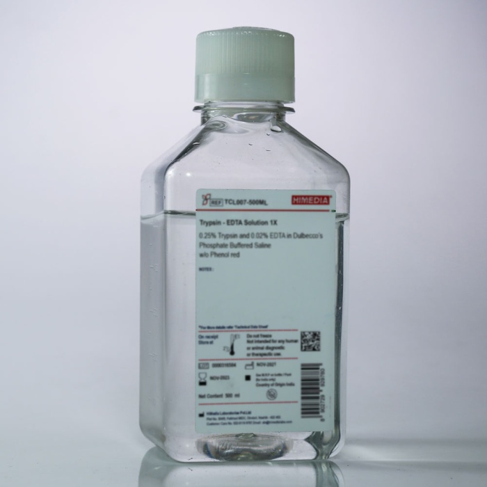 Trypsin-EDTA Solution 1X 0.05% Trypsin and 0.02% EDTA IN 0.04% KCl, 0.1% glucose,0.58g/L sodium bicarbonate and phenol red in 0.8% normal saline