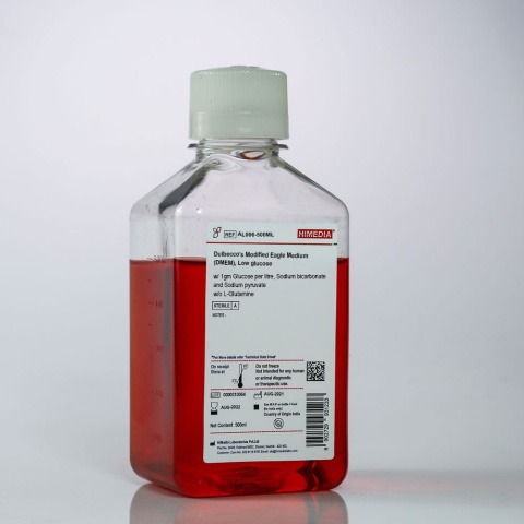Dulbecco’s Modified Eagle Medium (DMEM), Low glucose w/ 1gm Glucose per litre, Sodium bicarbonate and Sodium pyruvate w/o L-Glutamine