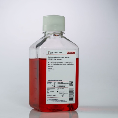 Dulbecco’s Modified Eagle Medium (DMEM), High glucose w/ 4.5gms Glucose per litre, L-Glutamine, 3.7 gms per litre Sodium bicarbonate and Sodium pyruvate